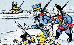 日清戦争に従軍したフランス記者ジョルジュ・ビゴーがパリに戻って１８９９年に描いたイラスト。清軍の弁髪をつかんだ日本軍が朝鮮を踏みつけている。（写真＝中央フォト）
