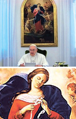 法王のバチカン執務室には聖画「結び目をほどく聖母マリア」がある。下の写真は拡大したもの。聖母マリアが結び目をほどくように世界の対立が解決することを願うものだ。（写真＝出版社ハヤンイン、中央フォト）