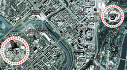 ダウムがサービスを始めた北朝鮮地図。右側の円の中に金日成（キム・イルソン）競技場、左側の円の中に柳京ホテルが見える。