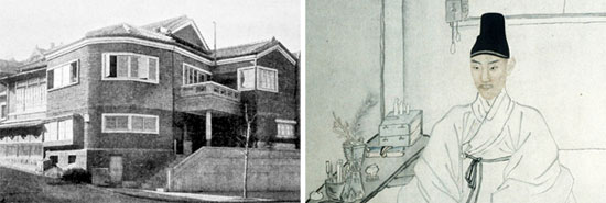 写真左は１９４２年、今の明洞（ミョンドン）プリンスホテルの場所に建て直した京城美術倶楽部。右側は『壇園肖像』（部分）という題名で日帝強制占領期間に競売された書画。（写真＝韓国美術市場資料集）