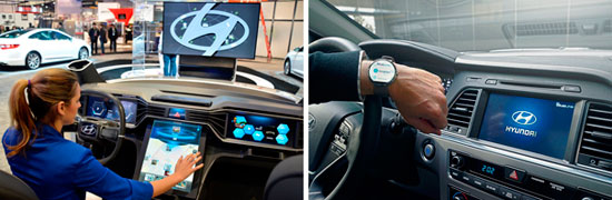 現代車米州法人の職員が運転手の健康状態、行動パターンに合わせて作動する「次世代インフォテイメントシステム」を作動している。（写真左）。スマートウォッチだけでエンジンがかかり、冷暖房まで調節可能な車両制御アプリケーション「ブルーリンク」（写真＝現代車）
