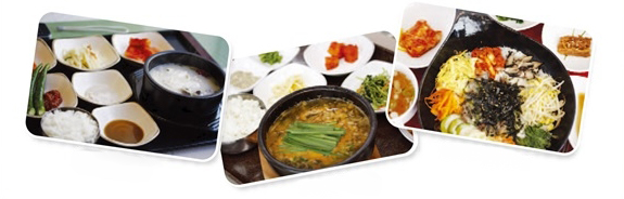右から横城のツルニンジン韓牛スープ、春香南原チュオタン、任実チーズ鉄板ビビンパ
