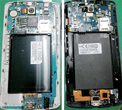 左側がＬＧ電子「Ｇ３」の正規品。右側が中国のコピー品。スマートフォンの外観はＧ３と区分しにくいほど似ているが、内部の部品は低価格のＡＰ、メモリー、バッテリーなどを使い粗雑な作りだ。（写真＝ＬＧ電子）