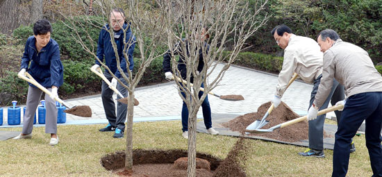 ５日、「第７０回植樹の日」を迎え、青瓦台緑芝園にムクゲの木が植えられた。左側から朴大統領、２人おいて、李丙ギ（イ・ビョンギ）秘書室長、朴興烈（パク・　フンリョル）警護室長。（写真＝青瓦台写真記者）