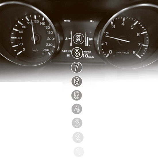 ドイツ部品会社ＺＦが開発した９段自動変速機を搭載したランドローバー「イヴォーク」の計器盤。９段変速を意味する数字「９」が表示された計器盤の写真にグラフィックを合成した。（写真＝ジャガーランドローバー）