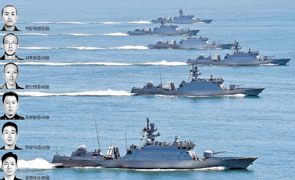 ２７日、西海上で実施された海上機動訓練に参加した誘導弾高速艇（下から）「ユン・ヨンハ」「ハン・サングク」「チョ・チョンヒョン」「ファン・ドヒョン」「ソ・フウォン」「パク・ドンヒョク」。（写真提供＝韓国海軍）