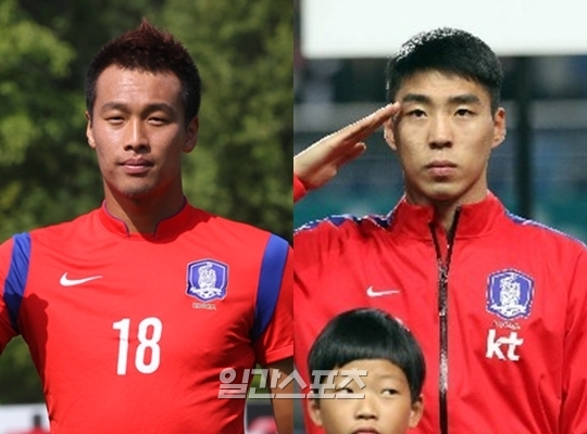 ８月５日に行われる韓日戦を控え、韓国サッカー史の「日本キラー」を誰が継ぐのかに関心が高まっている。写真は有力候補の金信旭（キム・シンウク、左）と李庭協（イ・ジョンヒョプ）。
