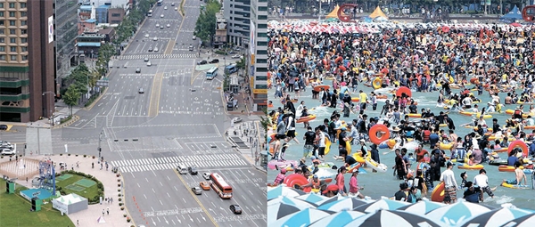 ２日、閑散としているソウル世宗大路の様子（右）。左の写真は避暑客８０万人が押し寄せた釜山海雲台海水浴場の様子。