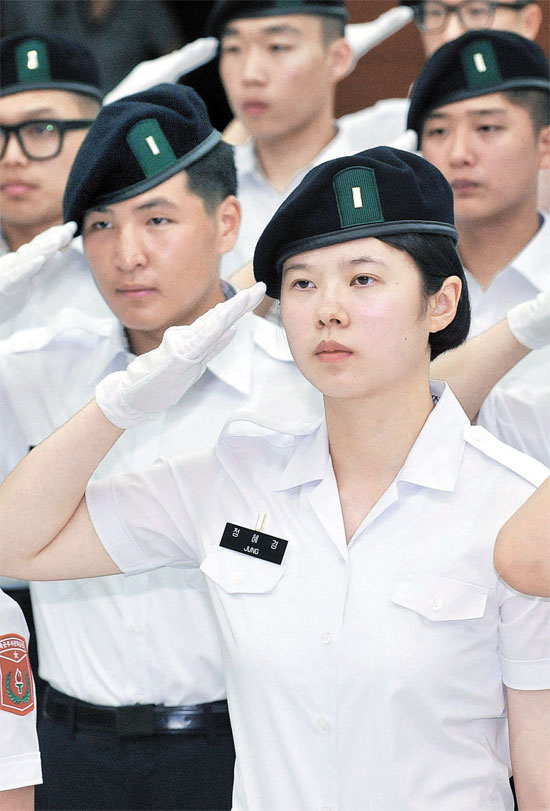 ５日、大田科学技術大で陸軍副士官学軍団の発足式が行われ、学生が挙手敬礼をしている。