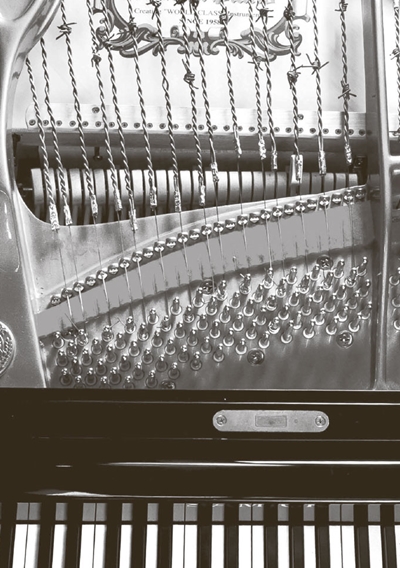 ソウル市立美術館のロビーで２９日まで展示される「統一のピアノ」は鉄条網を使って弦を作った。分断の象徴である鉄条網が生み出す不協和音が南北の状況を表現している。（中央フォト）
