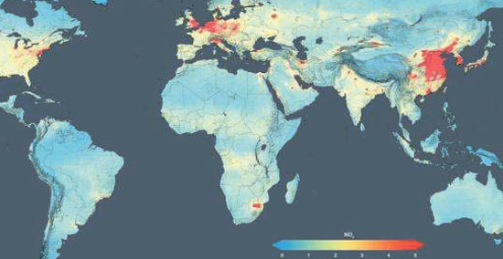 ＮＡＳＡの「大気汚染衛星地図」（写真＝ＮＡＳＡホームページより）