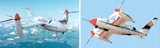 ティルトローター「ＫＵＳ－ＶＴ」はヘリコプターのように垂直離着陸（左）が可能で、回転翼を傾ければ一般飛行機のように飛ぶことができる（右）。（写真＝大韓航空）