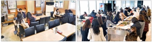 大企業発の不況は会社員の昼食の風景も変えている。９日、ソウル中区の社内食堂（右の写真）は周囲の会社員までも引き込んで午前１１時３０分ごろから混雑する一方、付近の飲食店は多くの席が空いている。