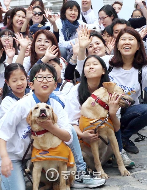 ２７日、ソウル清渓広場で「国際盲導犬の日」２５周年記念行事が開かれた。参加者が記念撮影を行っている。