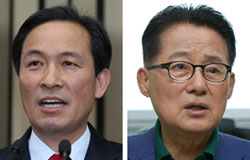 禹相虎（ウ・サンホ）「共に民主党」院内代表（左）、朴智元（パク・ジウォン）「国民の党」院内代表（右）