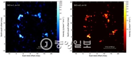 晩期型星ＷＸ　Ｐｓｃ周辺で発生するｖ＝１（青色）とｖ＝２（赤色）メーザー線を撮影したＫａＶＡの観測映像。２つのメーザー線が似た空間分布を有していることを確認できる。それぞれ異なるメーザー線が物理的に強く関連していることを暗示している。