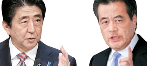 安倍首相（左）、岡田民進党代表（右）