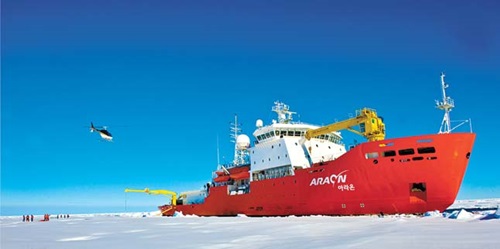 韓国の砕氷研究船アラオン号。２００９年に建造された長さ１１０メートル・重さ７５００トンのアラオン号は、厚さ１メートルの海氷を砕きながら時速３ノットで前進できる。（写真＝中央フォト）
