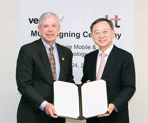 ＫＴの黄昌圭会長（右）とベライゾンのローウェル・マカダム代表が２４日に米国のベライゾン本社で５Ｇ業務協約を締結した。