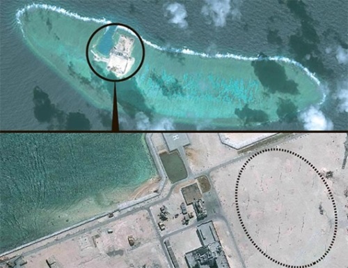 １月に撮影された南シナ海の南沙諸島クアテロン礁。中国交通運輸省は１０日、ここを含む南シナ海４礁に４つの灯台を稼働したと発表した。下の写真に高周波レーダー施設と推定されるアンテナ（点線）が見える。（写真＝ＣＳＩＳ）