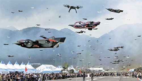 ３日、忠清南道鶏龍台で開かれた第１回陸軍参謀総長杯ドローンコンテストで、ドローン３００機が同時飛行している。