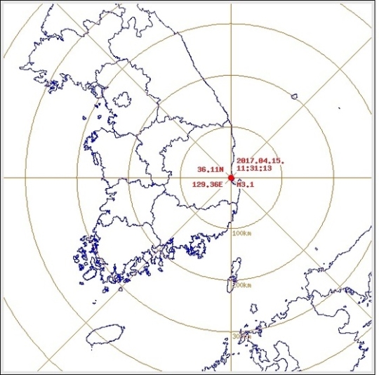 １５日午後５時１６分ごろ浦項の北側８キロメートル地点でマグニチュード２．０の地震が発生した。（写真＝気象庁提供）