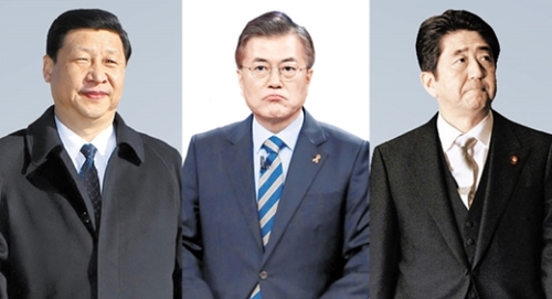 ７月中の開催を目指して調整中だった韓日中３国首脳会議が先送りされることになった。左から中国の習近平国家主席、韓国の文在寅大統領、日本の安倍晋三首相。（写真＝中央フォト）