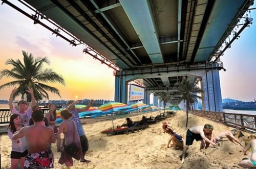 漢江の潜水橋に設置される砂浜予想図。
