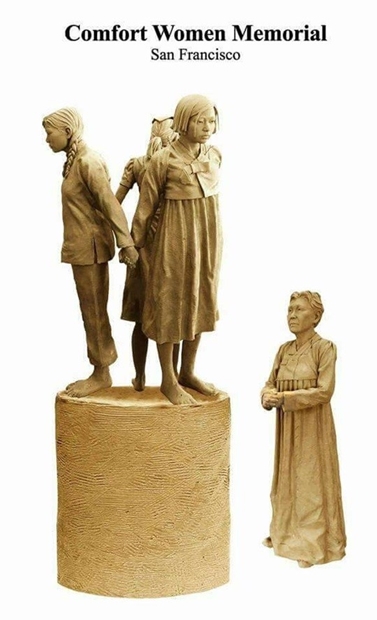 サンフランシスコに設置される中国人、フィリピン、韓国人の少女像（左）とこれを見つめるおばあさんの像。