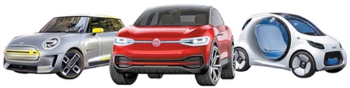 左からＢＭＷミニの電気自動車「エレクトリックコンセプト」、フォルクスワーゲンの「Ｉ．Ｄ．ＣＲＯＺＺ」、メルセデスベンツの小型車ブランド「スマート」の電気自動車モデル。（写真＝各社）