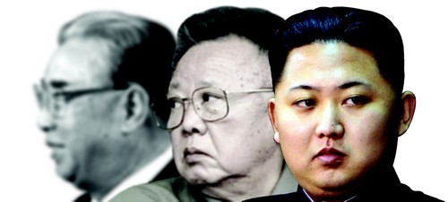 北朝鮮の世襲権力者たち。金日成（キム・イルソン）主席、金正日（キム・ジョンイル）総書記、金正恩（キム・ジョンウン）労働党委員長