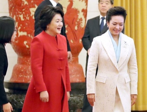 金正淑夫人と彭麗媛夫人が１４日、北京人民大会堂北大庁で開かれた公式歓迎式に出席した。北大庁は外国首脳に対する公式歓迎行事を主に開くところ。習近平主席夫妻は行事場所の入口で文在寅大統領夫妻を待った。