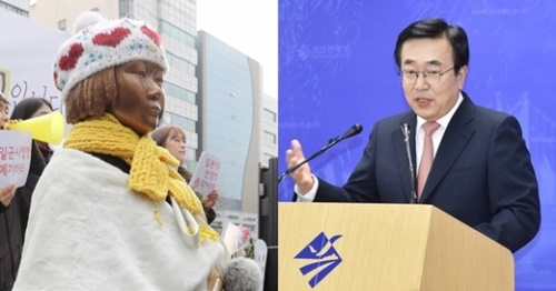 釜山東区の日本領事館前に設置された「平和の少女像」（左）、徐秉洙（ソ・ビョンス）釜山市長