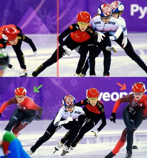 ＩＳＵが公開した中国選手の妨害場面（写真上）、写真下はカナダ選手の妨害場面。ＩＳＵは走者（緑の矢印）でない選手（赤の矢印）が走路を走ったと説明した。（ＩＳＵ公式ホームページのキャプチャー）