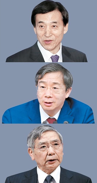 韓国銀行の李柱烈総裁、中国人民銀行の易綱総裁、日本銀行の黒田東彦総裁（上から）