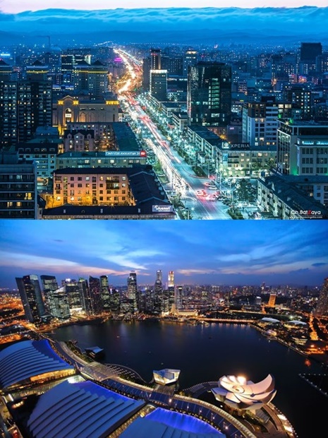 モンゴルの首都ウランバートル中心街の夜景（写真上＝モンゴル観光局）、シンガポールの中心街。
