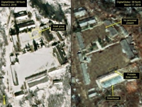 ３月２日（左）と１７日に商業衛星が撮影した豊渓里（プンゲリ）核実験場（中央フォト）