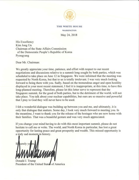 トランプ大統領が金正恩委員長に送った首脳会談中止関連の書簡。（写真＝中央フォト）