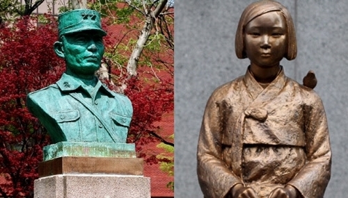 朴正熙元大統領の胸像（左）、平和の少女像（右）
