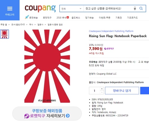 韓国のネットショップ「ＣＯＵＰＡＮＧ」で販売している旭日旗デザインの商品（写真＝徐ギョン徳教授チーム）