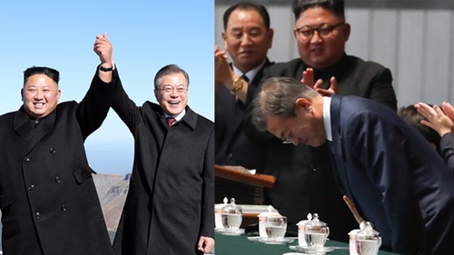南北首脳が２０日、白頭山天池に登頂し、手を取り合っている（左）。１９日夜、平壌５．１競技場で北朝鮮住民に挨拶する文大統領。