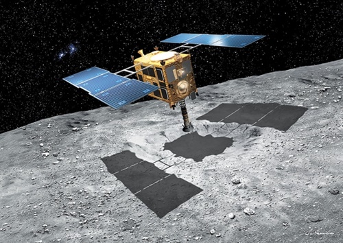 日本の探査機「はやぶさ２」が岩石を採取するため小惑星「リュウグウ」の表面に着地する場面を描いたコンピューターグラフィックイメージ。（写真＝日本宇宙航空研究開発機構）