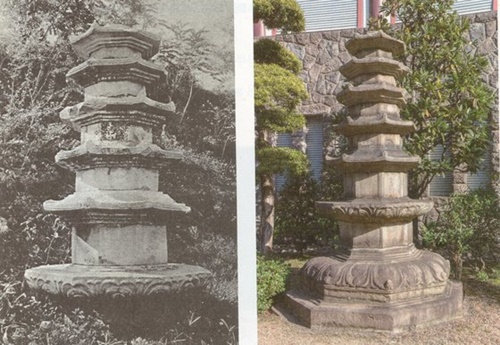北朝鮮で返還運動が起きている平壌（ピョンヤン）栗里寺址の石塔の過去と最近の写真。左は１９１８年に平安南道栗里寺にあった当時の写真、右側は東京ホテルオークラの庭にある最近の写真。（写真＝国外所在文化財財団）