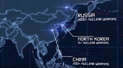 在日米軍司令部（ＵＳＦＪ）が製作し、昨年末公開した動画で、北朝鮮が中国やロシアとともに東アジアの「３つの核保有宣言国（ｔｈｒｅｅ　ｄｅｃｌａｒｅｄ　ｎｕｃｌｅａｒ　ｓｔａｔｅｓ）」に規定されている。（写真＝ＵＳＦＪ動画キャプチャ）