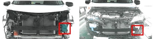トヨタの準中型ＳＵＶの前面部。米国で販売した車（左）は鉄鋼補強材を付着して安全性を高めているが、韓国で販売した車（右）は補強材がない。（写真＝公正取引委員会）