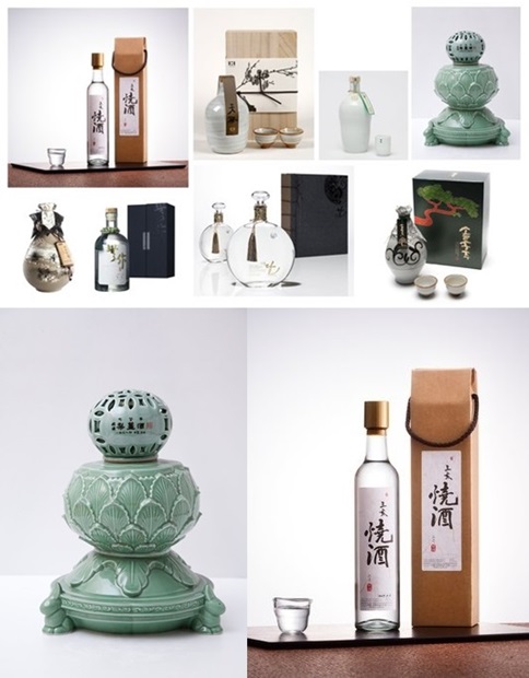 （上）韓国のプレミアム焼酎８種、（左下）梨薑酒、（右下）三亥焼酎