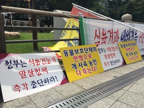 韓国肉犬団体協議会が開催した集会に登場したピケ。（写真＝中央フォト）