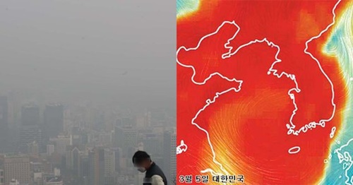 右は５日、ビジュアライズで確認した韓半島の粒子状物質に覆われた大気の状況。中国と韓半島の部分がＰＭ２．５に覆われている。実際に粒子状物質が襲ったソウル市内。（写真＝中央フォト）