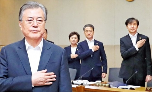 文在寅（ムン・ジェイン）大統領がチョ・グク法務部長官任命の翌日である１０日、ソウル下月谷洞（ハウォルゴクドン）の韓国科学技術研究院（ＫＩＳＴ）で開かれた現場国務会議で国旗に敬礼している。