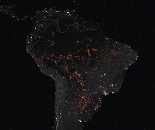 米国航空宇宙局（ＮＡＳＡ）と科学者が衛星写真を基に先月１５～２２日、アマゾン一帯の火災状況を示した画像。オレンジ色が熱帯雨林火災現場、白は大都市の電気の光、黒は森林、灰色はサバンナ地域だ。［写真　ＮＡＳＡ］